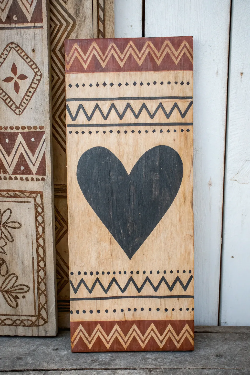 Primitive heart folk art with carved-pattern background for cozy minimalist boho decor