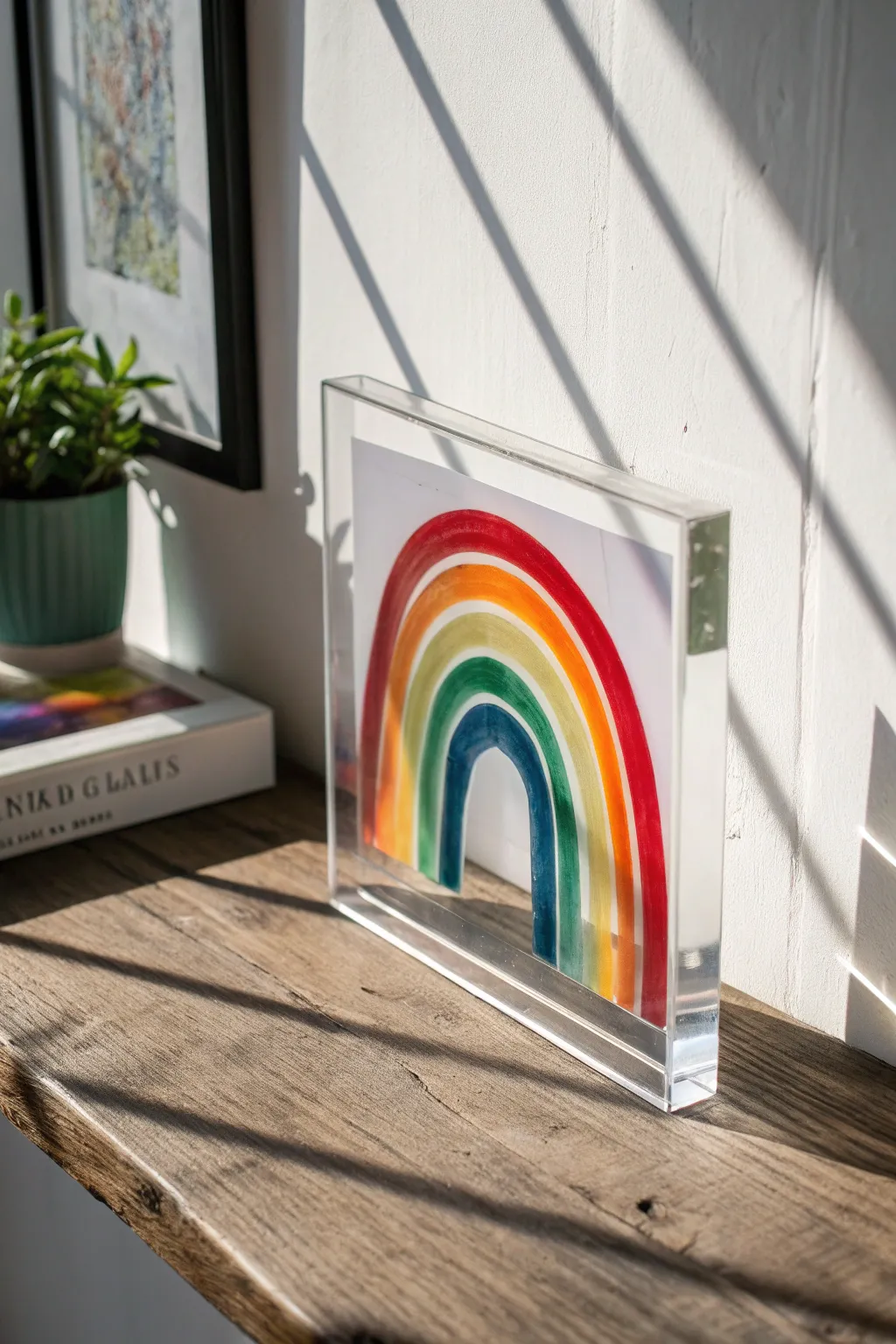 Translucent rainbow layers overlap like a prism, glowing in side light on a calm minimal backdrop