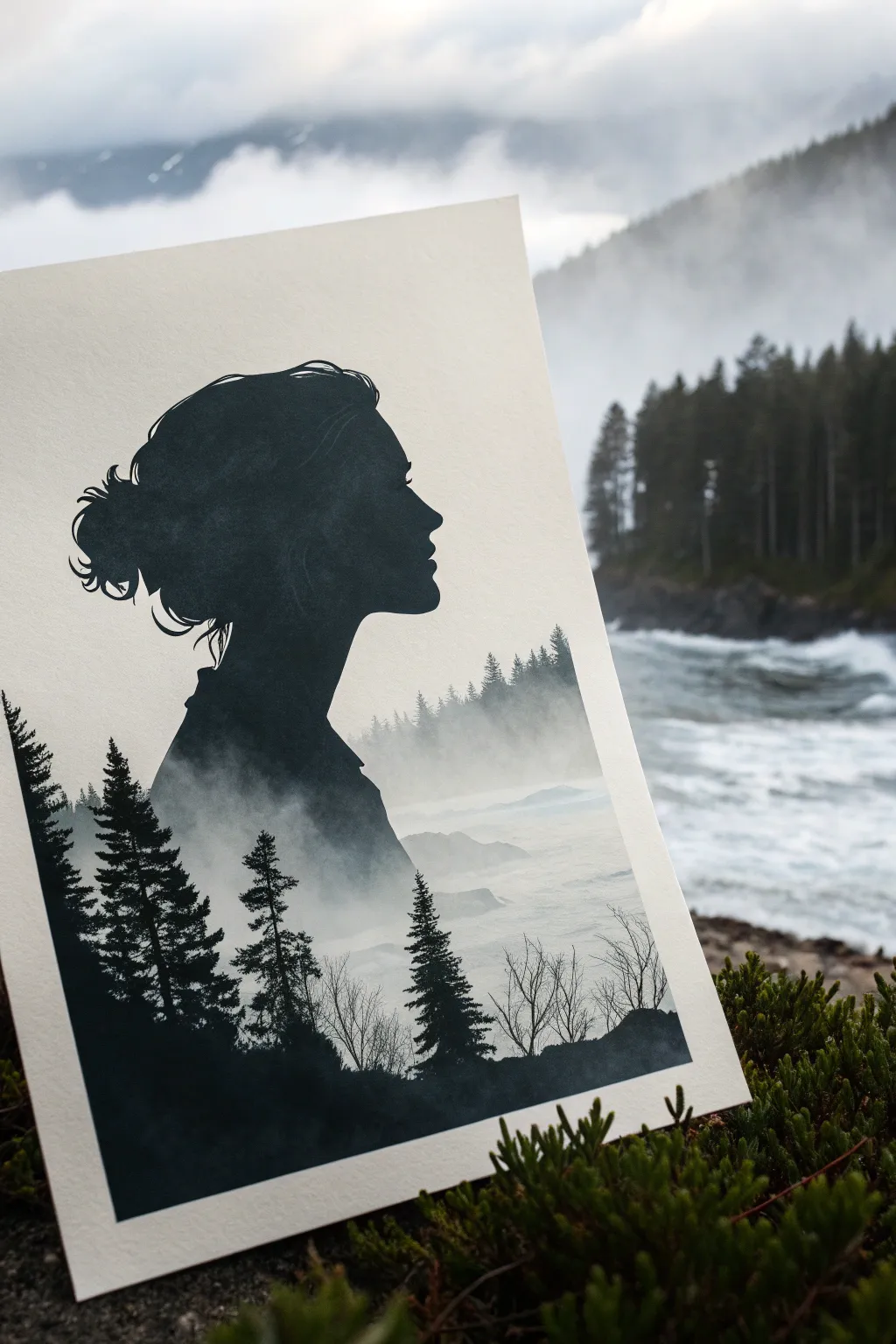 Magic realism double-exposure portrait: a lifelike profile silhouette filled with forest, clouds, and waves