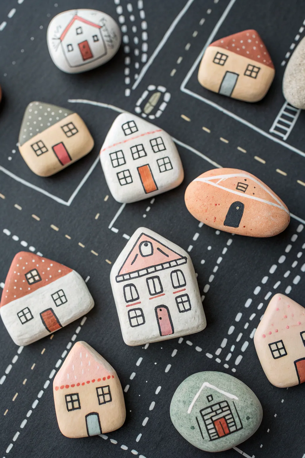 Create a tiny rock house town with simple roads and cozy lights for an easy, calming craft.