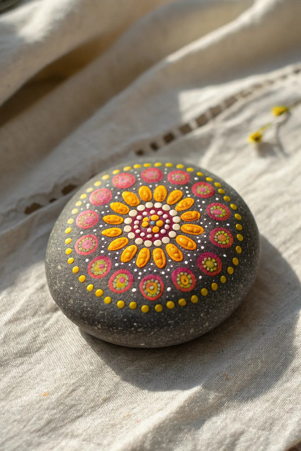 Capture the sun's energy with this vibrant dot mandala rock painting perfect for summer.