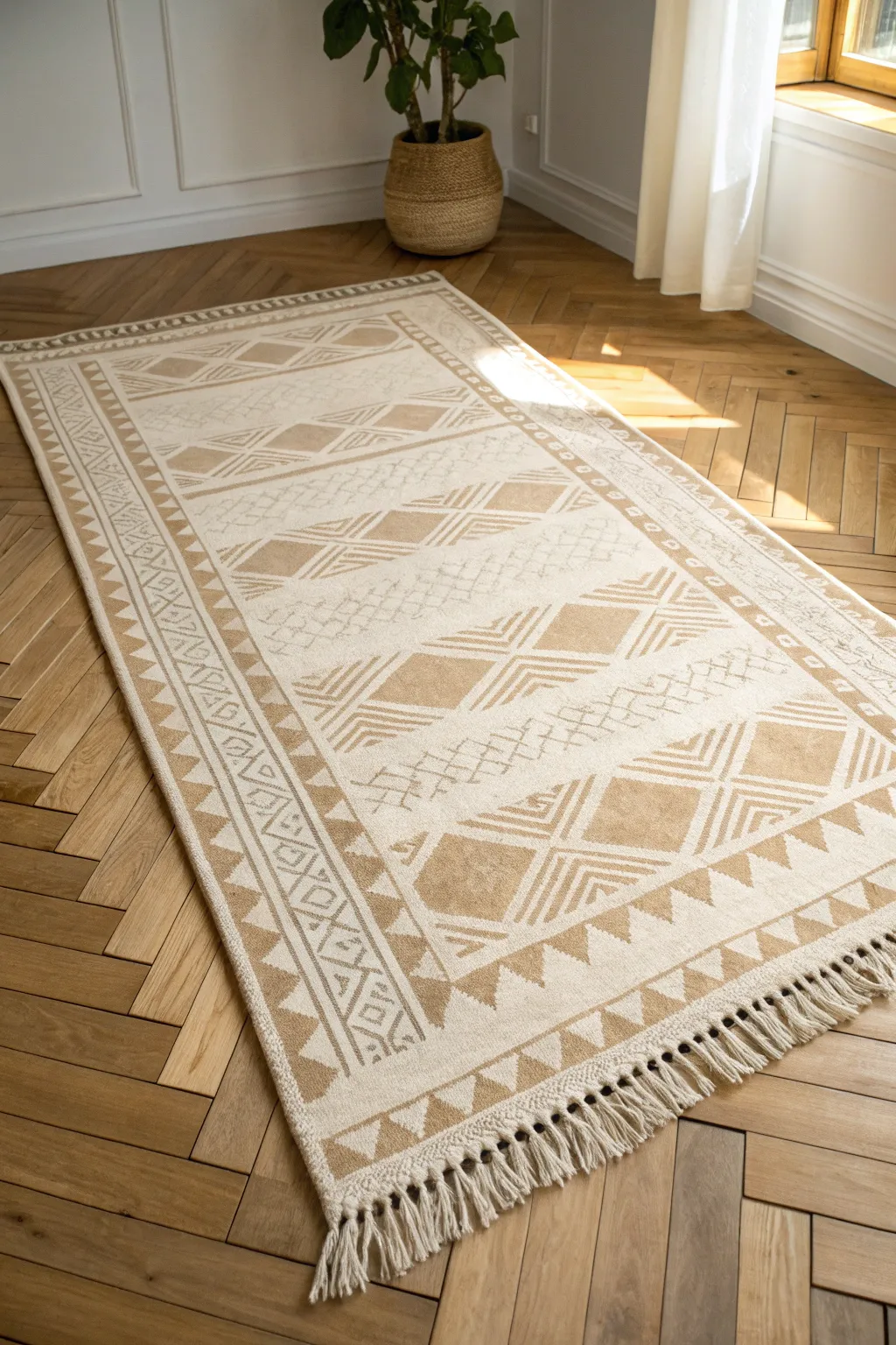 Trompe loeil fringe and painted shadow rug for a clean minimalist boho 3D illusion