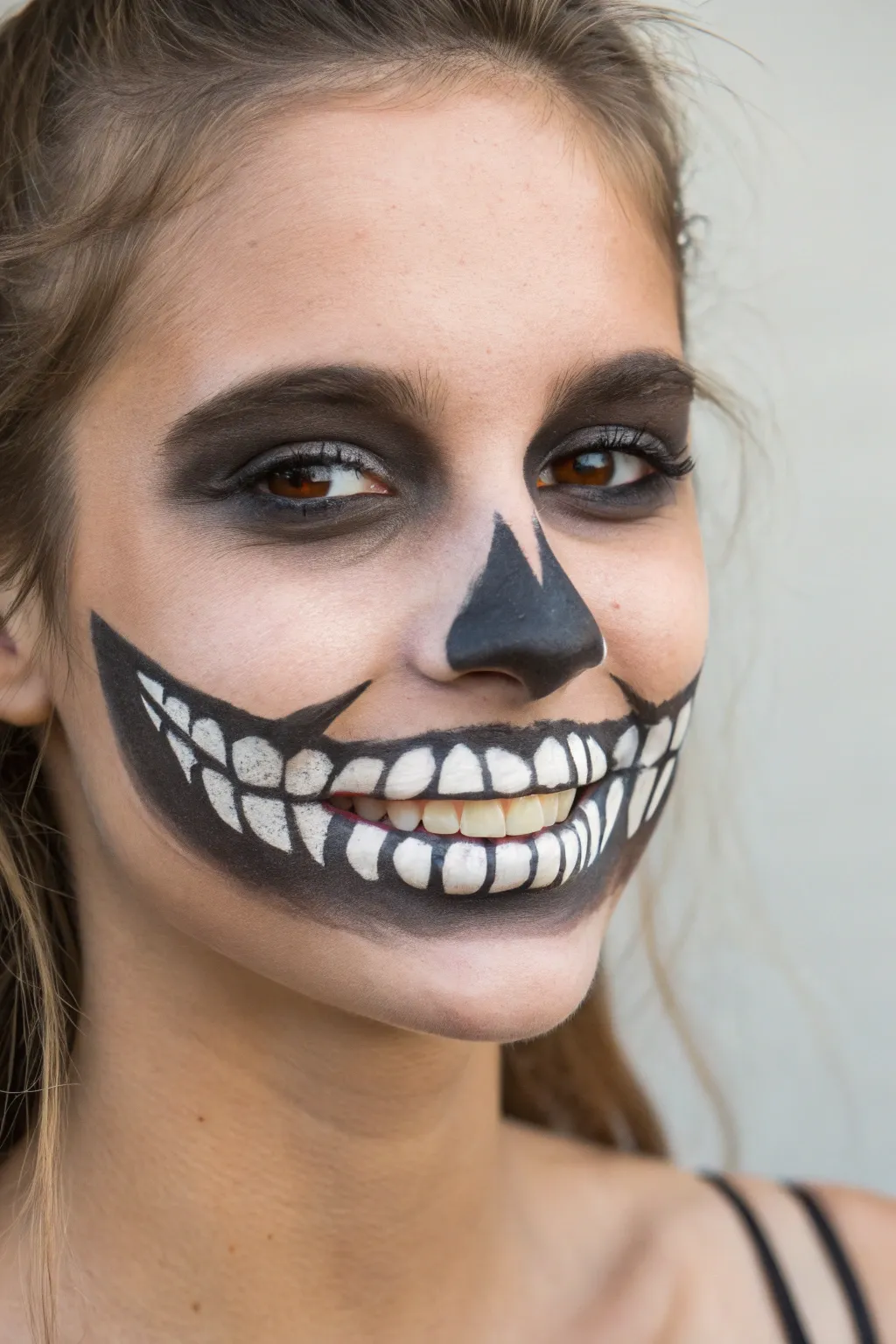 Easy spooky face paint: negative-space skeleton grin, clean teeth shapes and inky black shading.