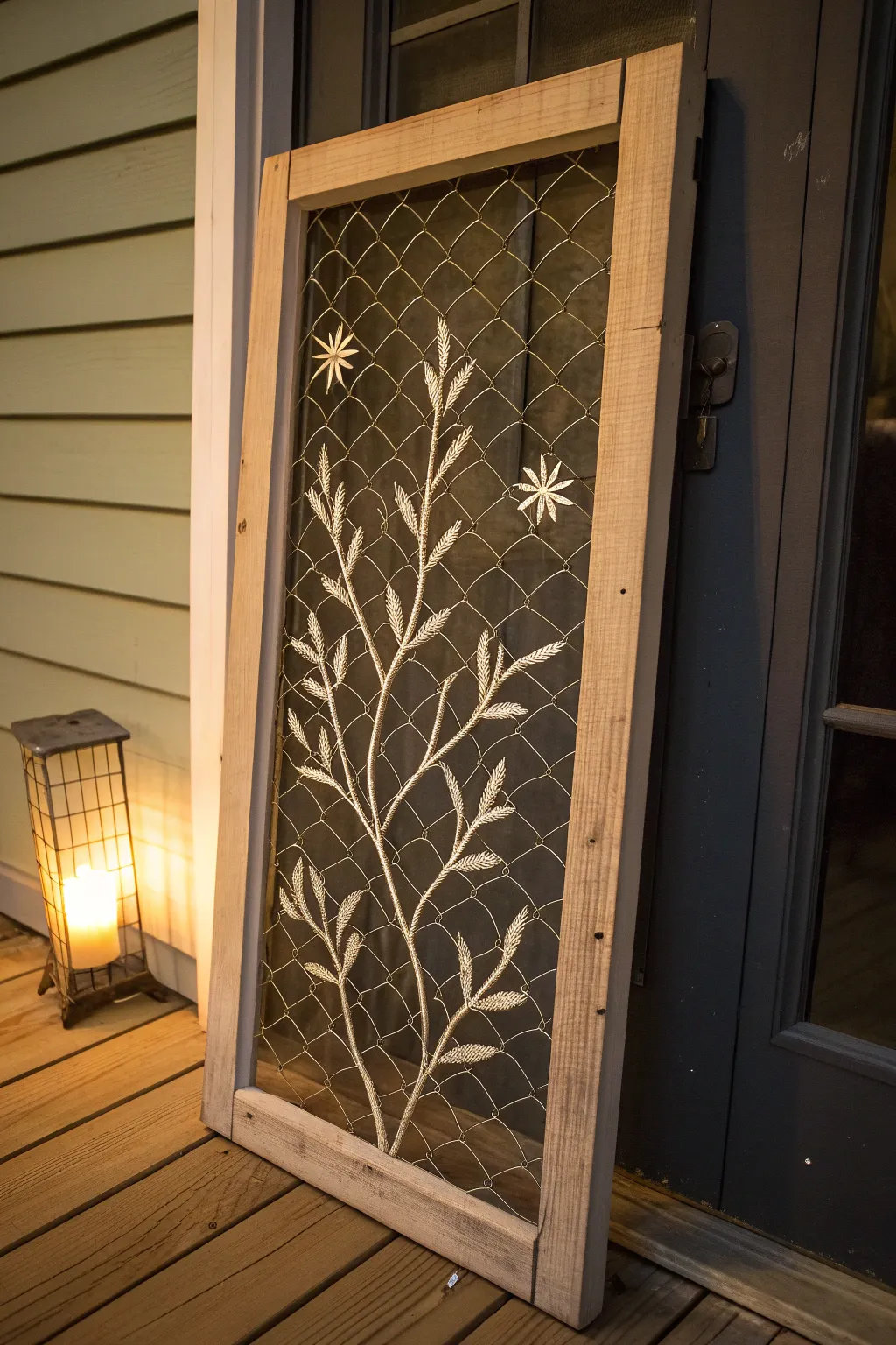 Backlit painted wire screen glowing softly, a cozy porch-night screen painting idea with calm boho minimalism.