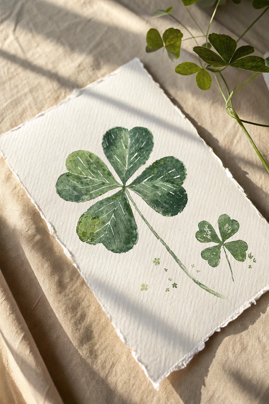 Loose abstract shamrock brushstrokes in layered greens for a modern, minimalist studio vibe