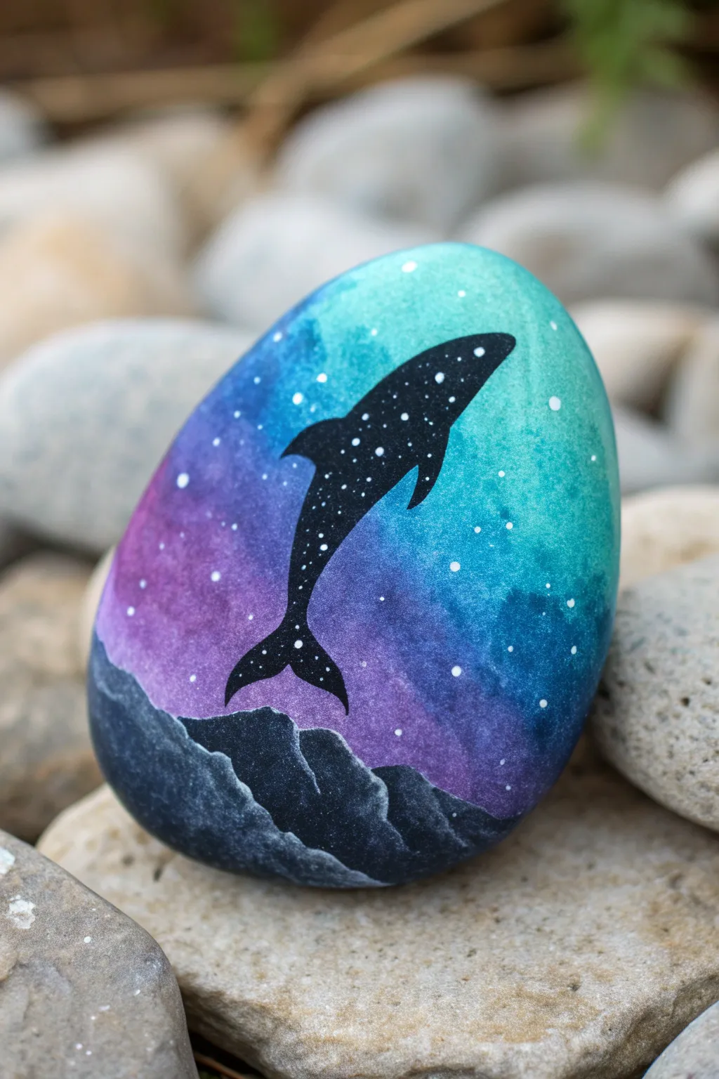 Galaxy gradient rock with a bold silhouette and scratched star dots, minimalist boho vibe