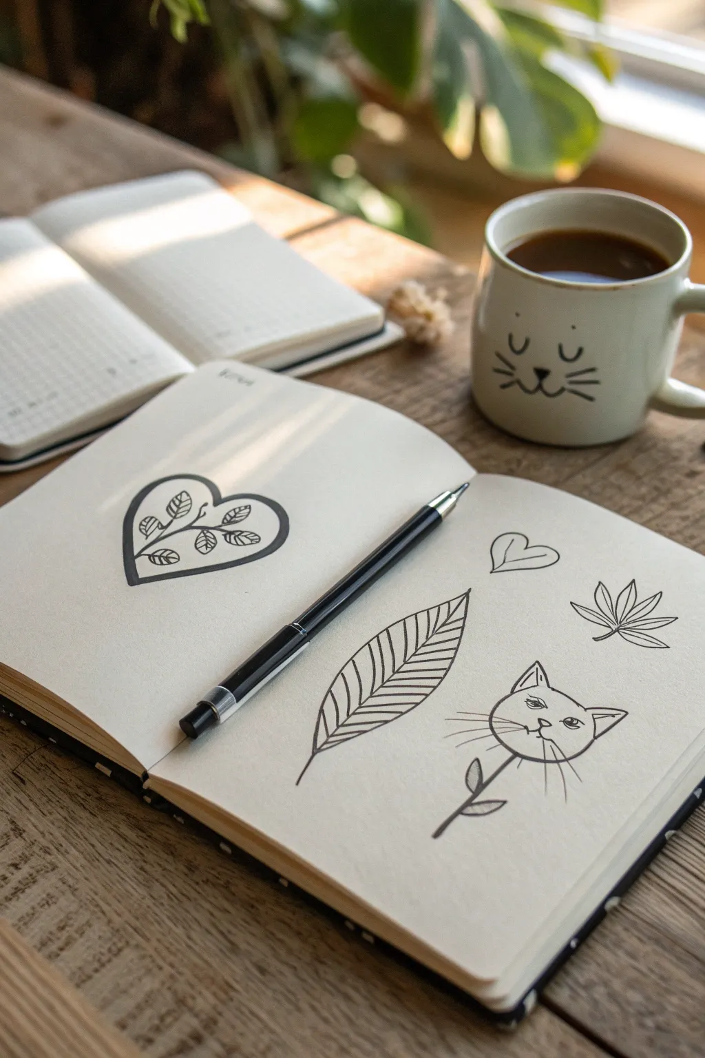Try the one-line doodle challenge: heart, leaf, cat, and mug in clean minimalist ink.