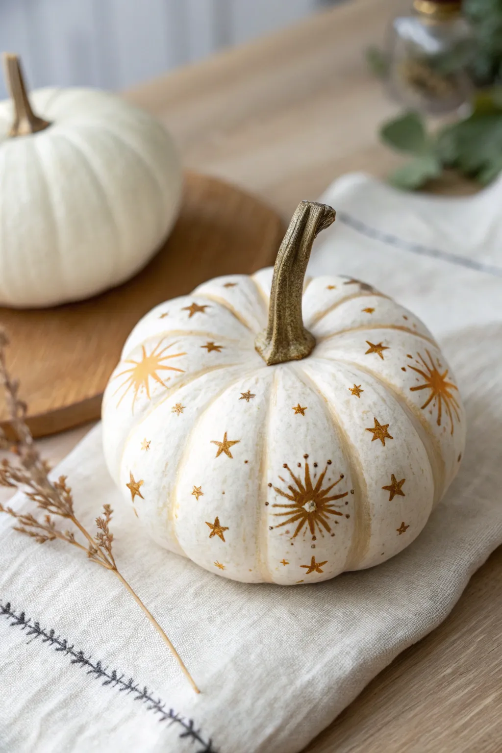 Daylight starbursts, then a soft glow reveal on a small white pumpkin in minimalist style