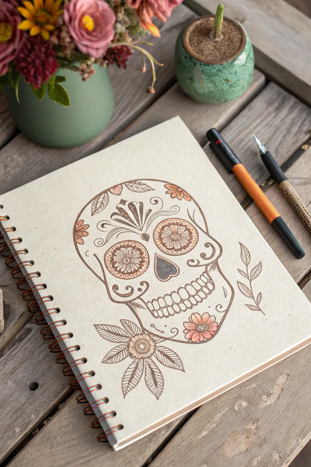 Trompe l oeil sugar skull drawing with icing-like highlights for a chic 3D illusion