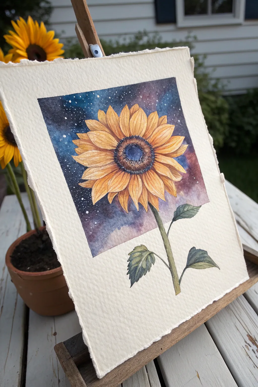 Paint a realistic golden sunflower with a midnight galaxy center for a dreamy minimalist vibe.