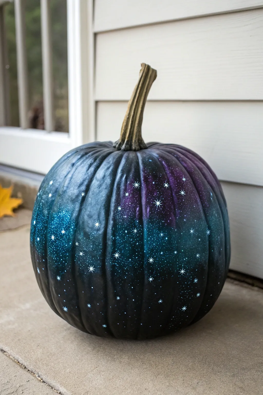 Midnight galaxy tall pumpkin with falling stars, minimal boho drama for cozy autumn nights.