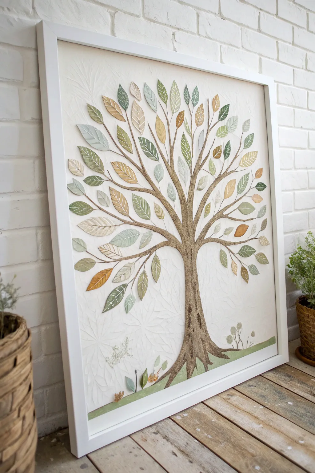 Minimalist mixed-media Tree of Life collage with hand-torn paper and natural fiber textures