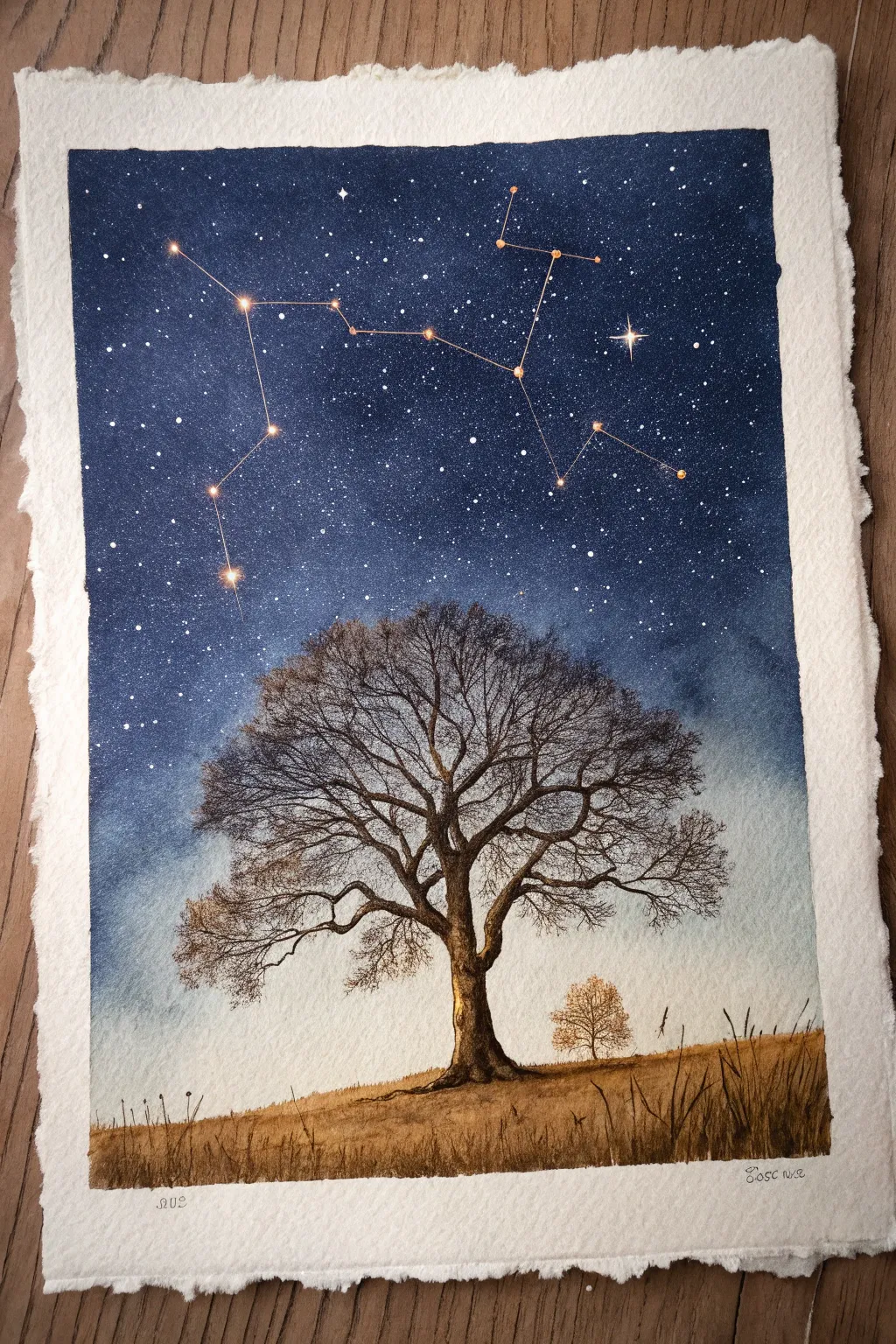Paint a constellation canopy: a grounded tree crowned with star links on a deep night sky