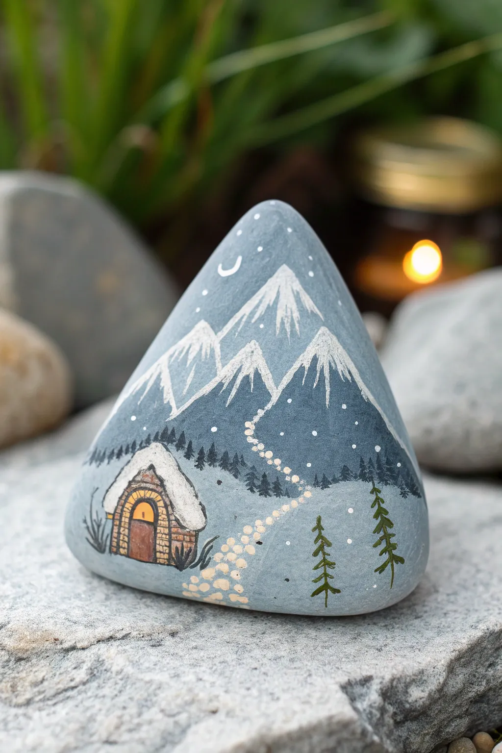 Triangle mountain rock with a tiny glowing doorway, minimalist boho mood for dreamy painting inspo