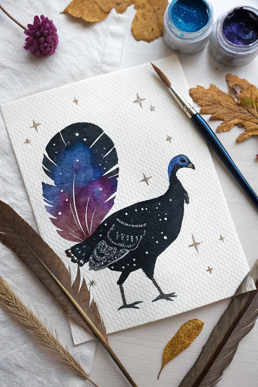 Paint a minimalist turkey with galaxy tail feathers and delicate star-speckled details