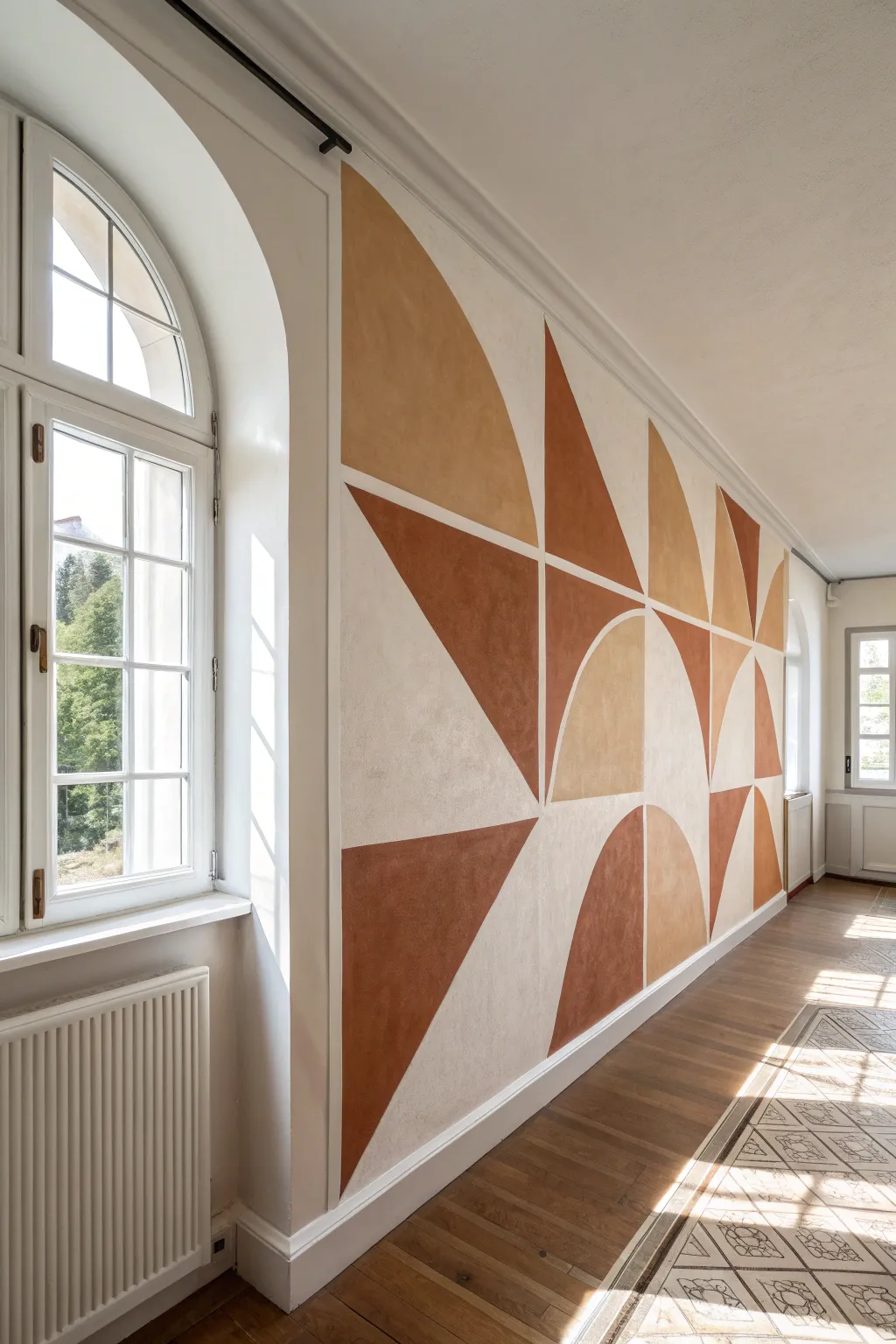 Minimalist wall painting with offset shadow blocks creating a soft 3D optical illusion in warm neutrals.