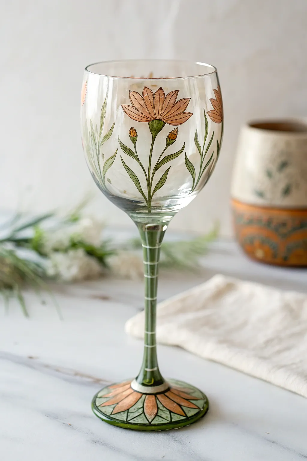 Easy wine glass painting idea: turn the stem into a minimalist wildflower design for beginners