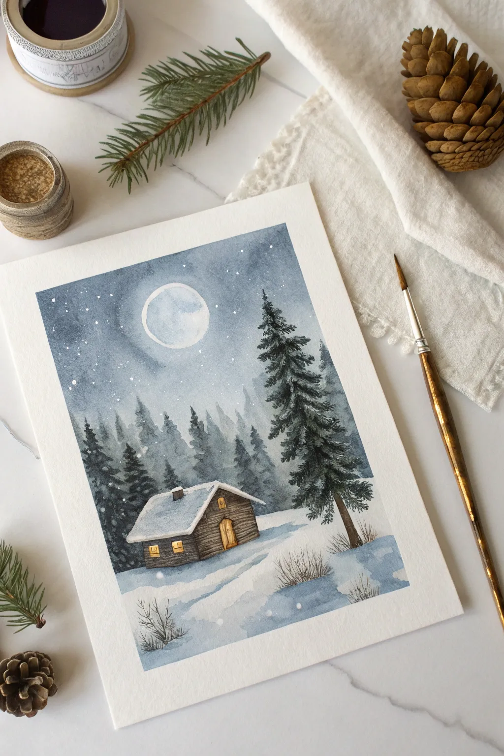 Elevate your winter watercolors with shimmering gold leaf accents for a truly magical finish.