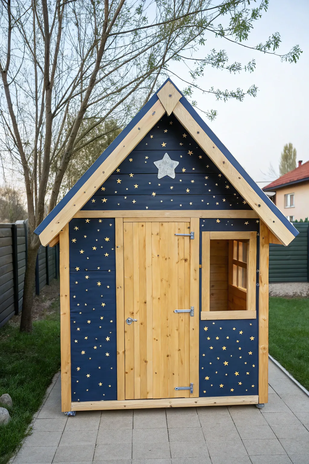 Deep navy night-sky roof with tiny star dots for a dreamy, handcrafted playhouse look
