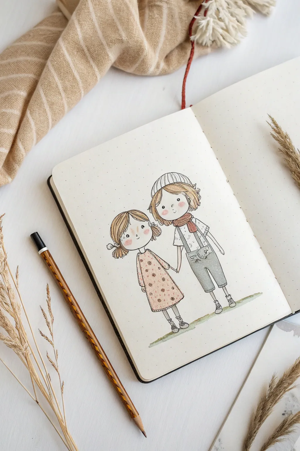 Sweet best-friend duo sketch idea: simple proportions, cozy minimalist style perfect for kids