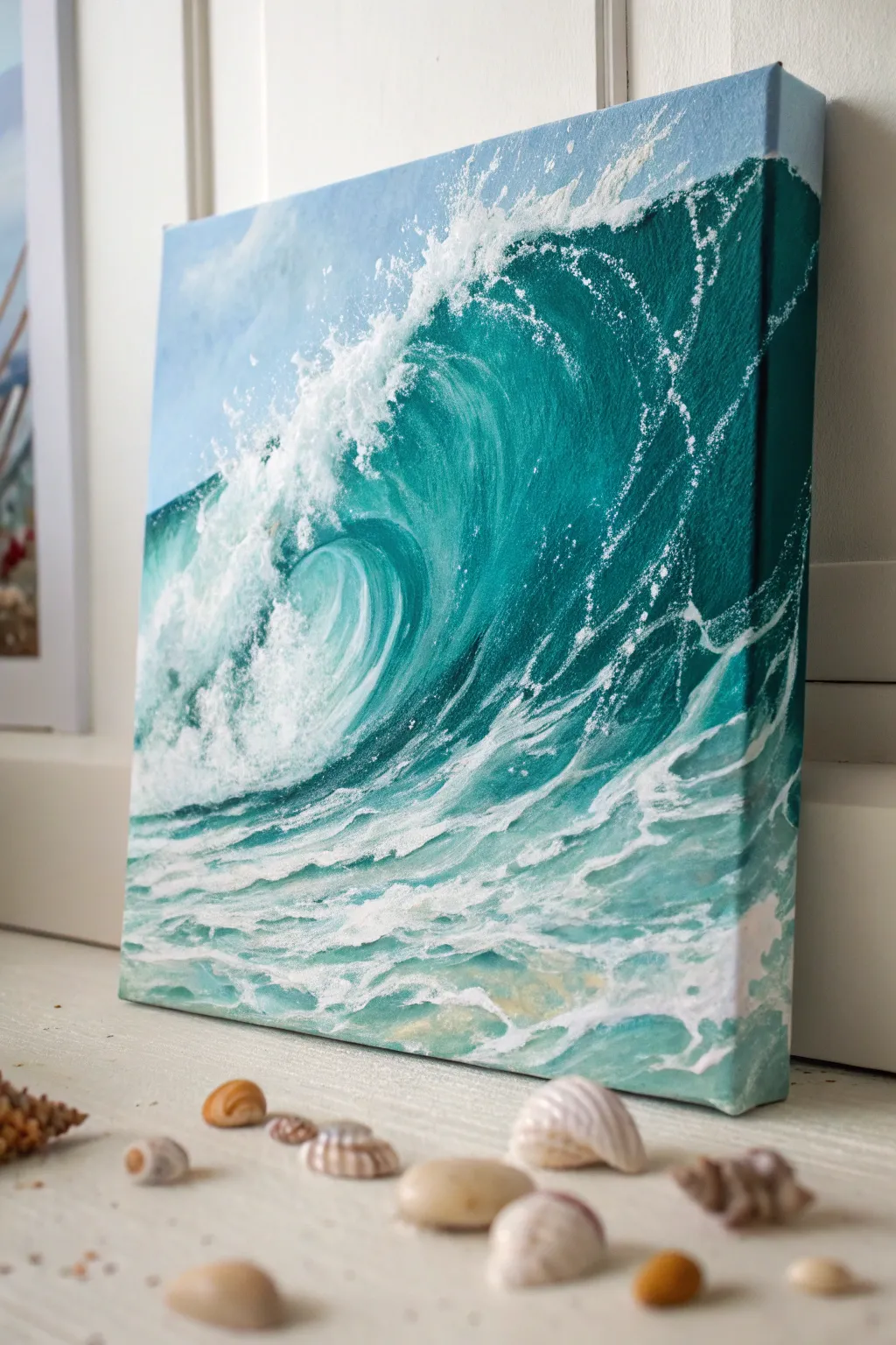 Turquoise wave curl with foamy highlights and sandy shore, perfect for beachy acrylic practice.