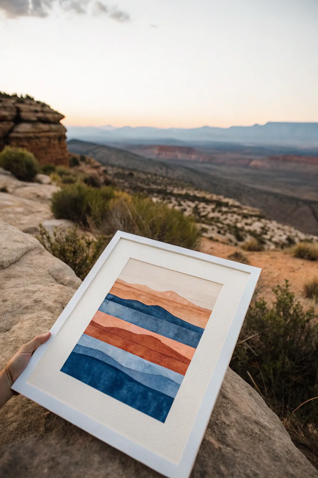 Minimalist three-color mountain layers in gouache, Scandinavian-boho and high contrast.