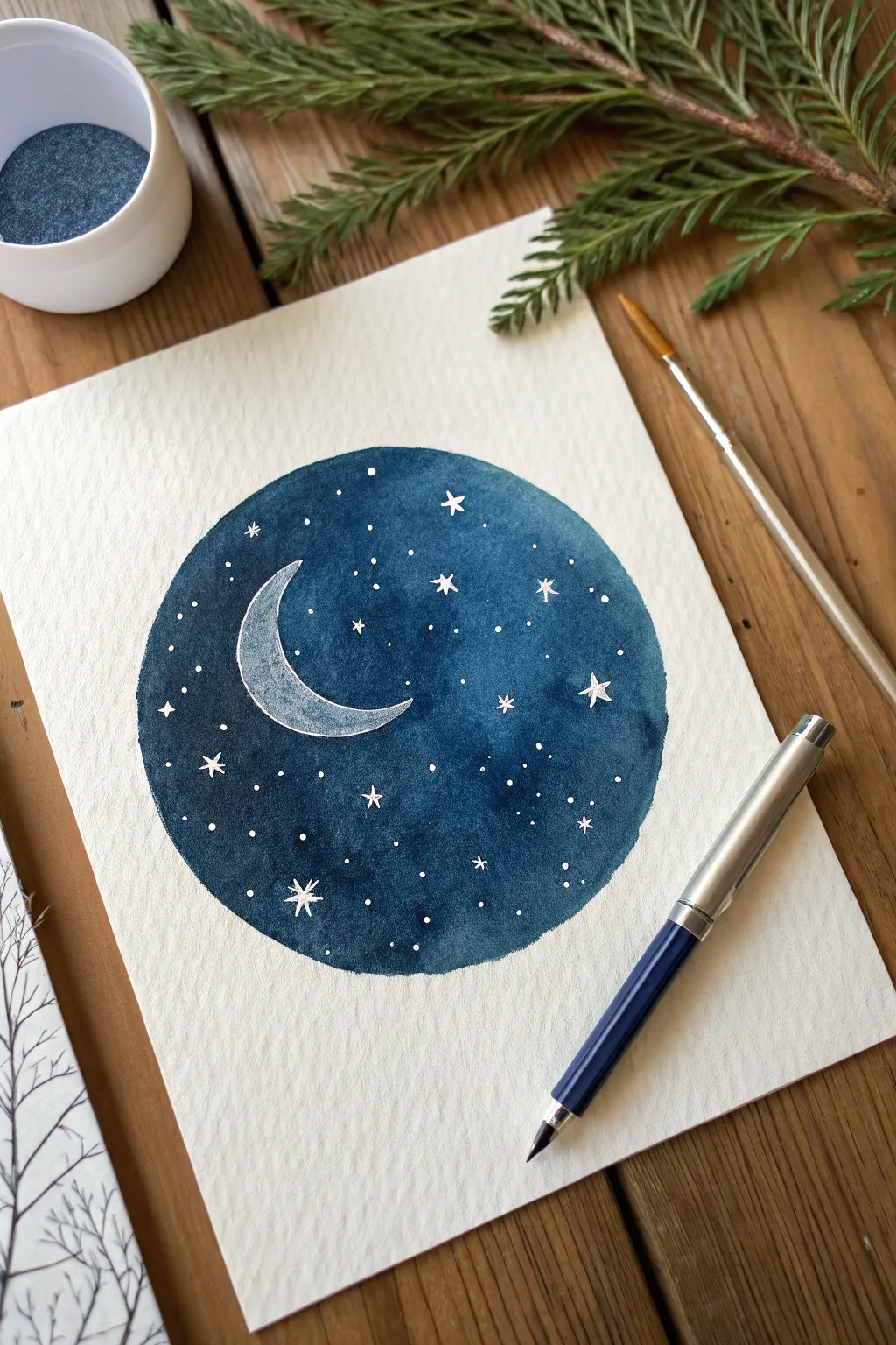 Minimal night-sky circle: bold indigo wash, tiny stars, and a crisp crescent in negative space.