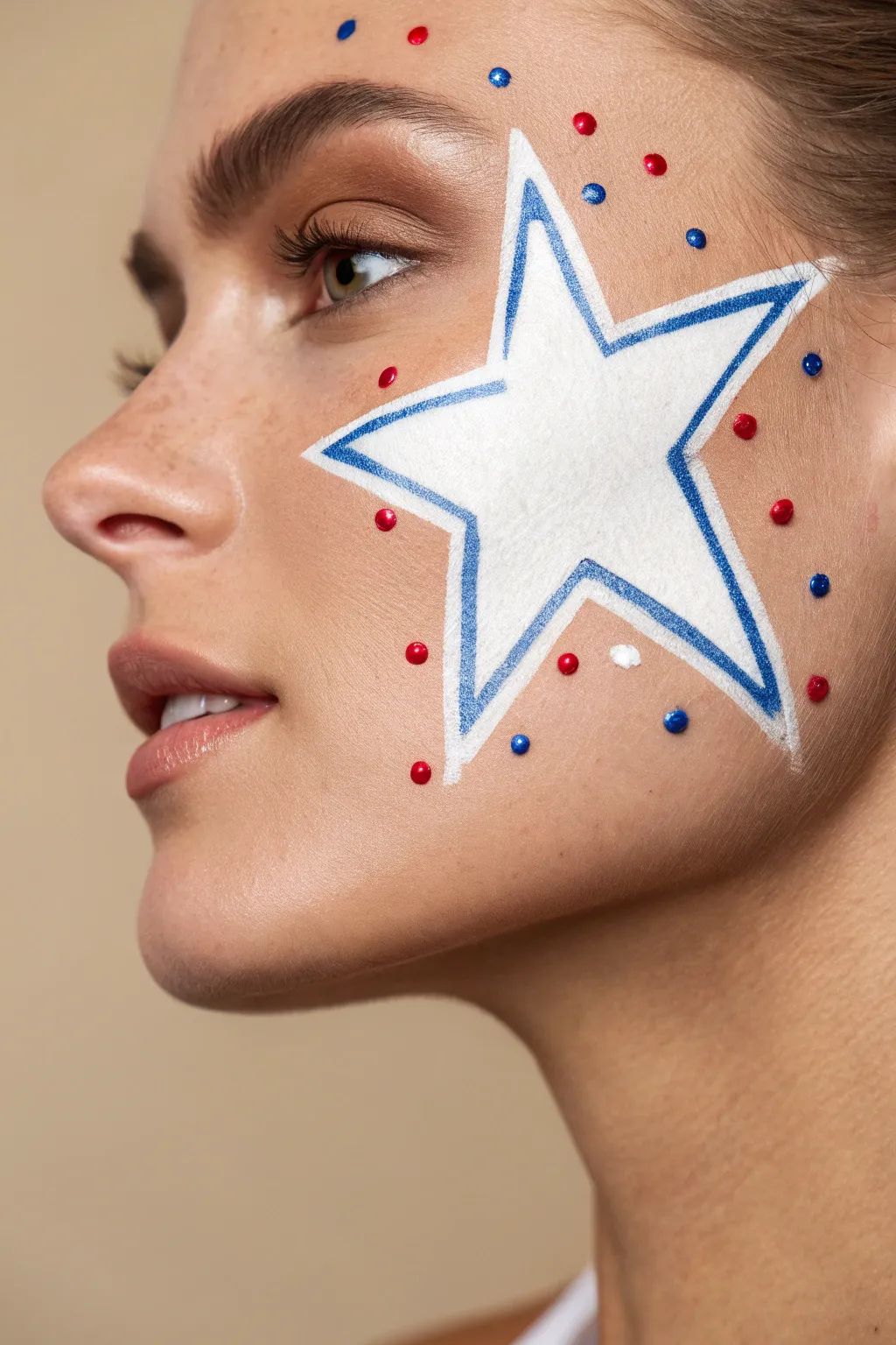 Crisp white star with blue outline and red-blue dot confetti, minimal and festive for July 4