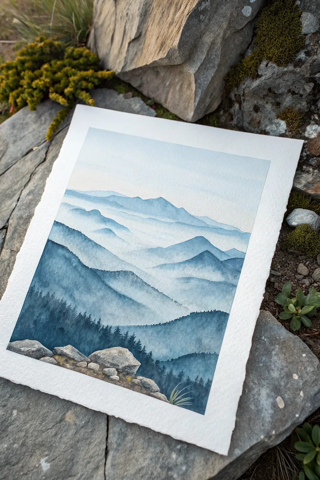 Layered watercolor mountains in soft misty tones, a calming beginner-friendly silhouette idea