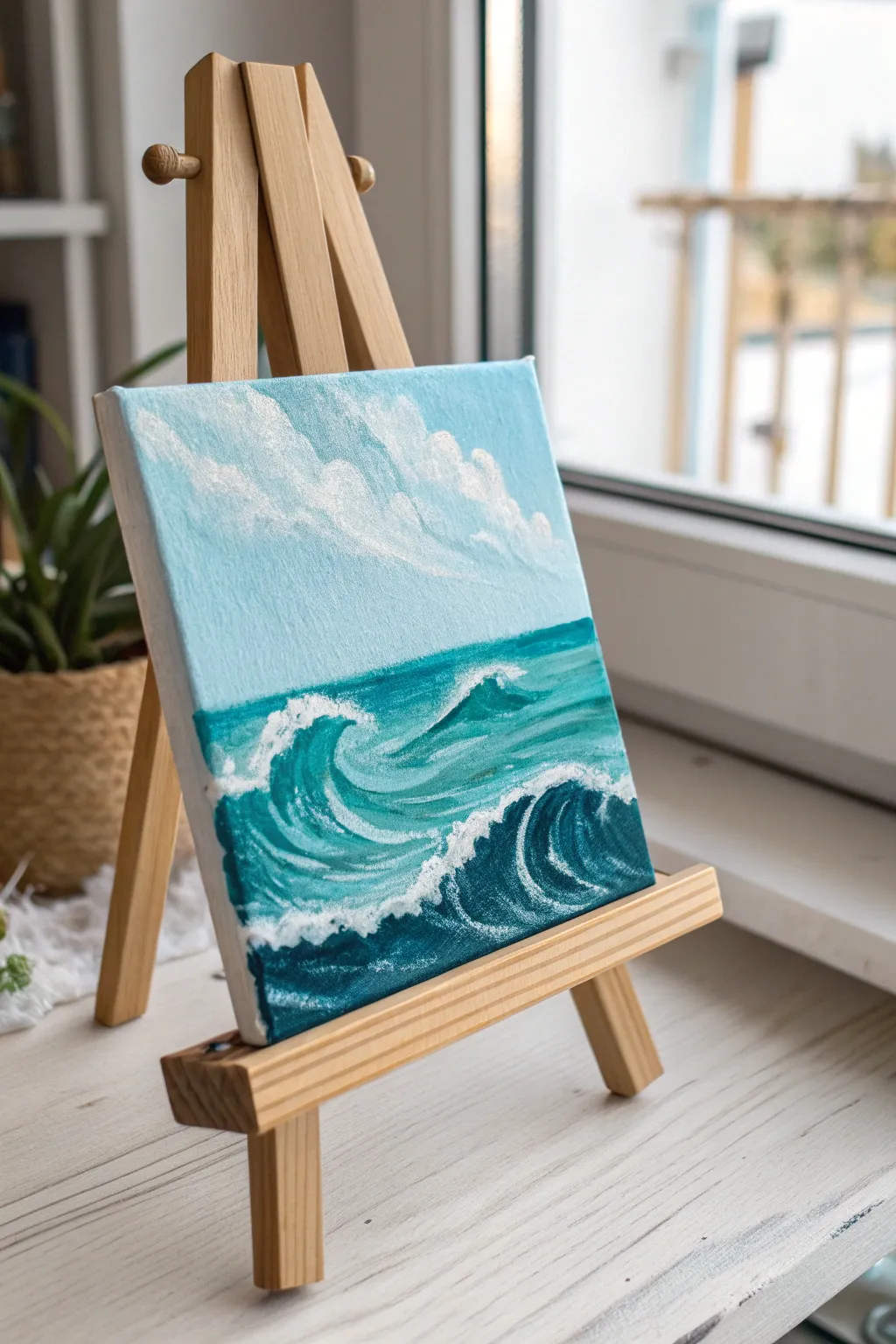 Paint simple teal waves with crisp foamy highlights for a fresh, breezy beginner acrylic study