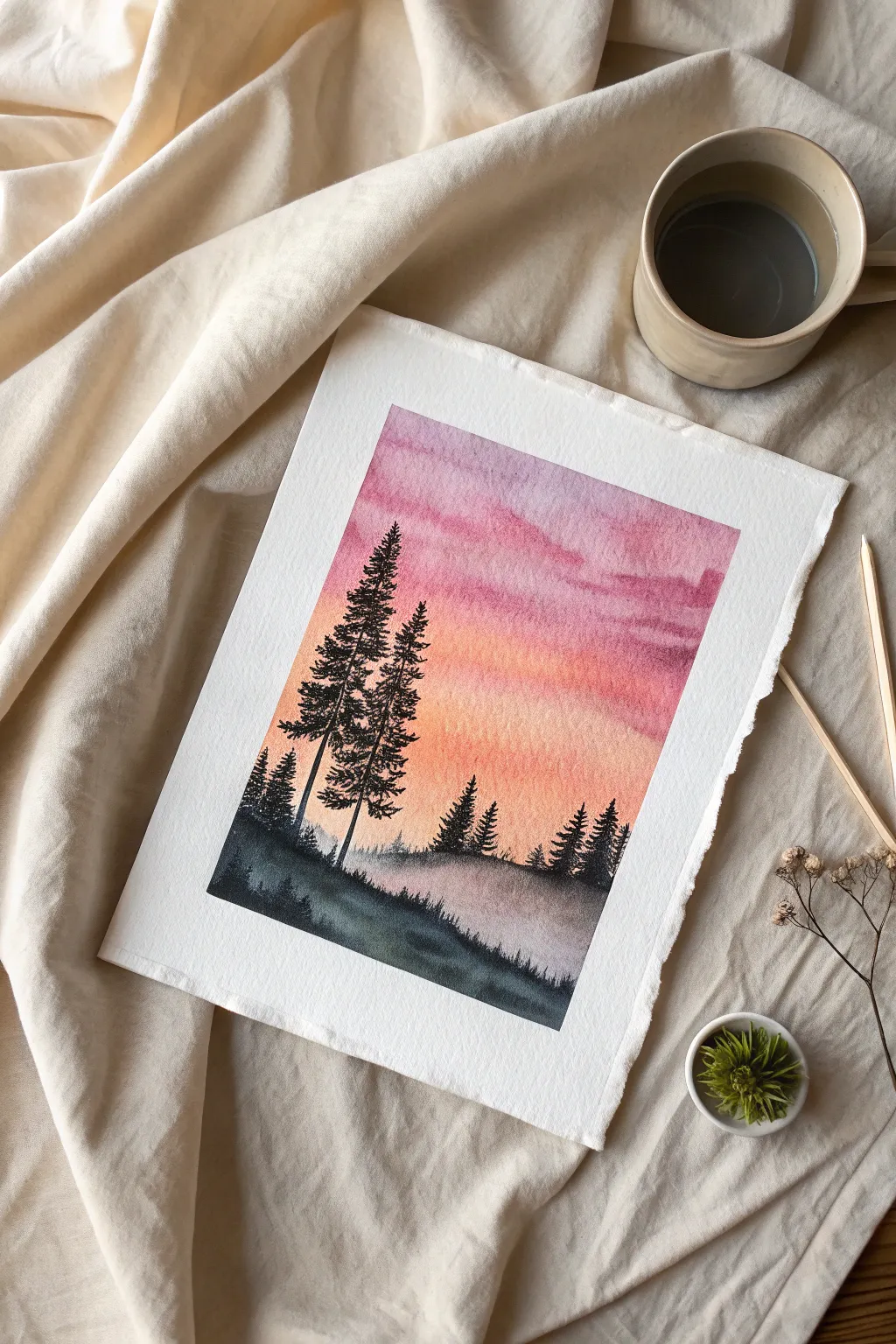 Master the art of contrast with this simple yet stunning watercolor silhouette landscape.