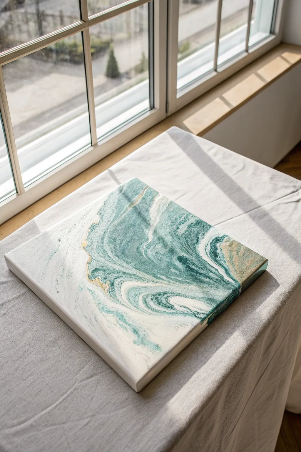 Fluid pour marble swirls in dreamy boho hues, glossy cells, and crisp minimalist contrast