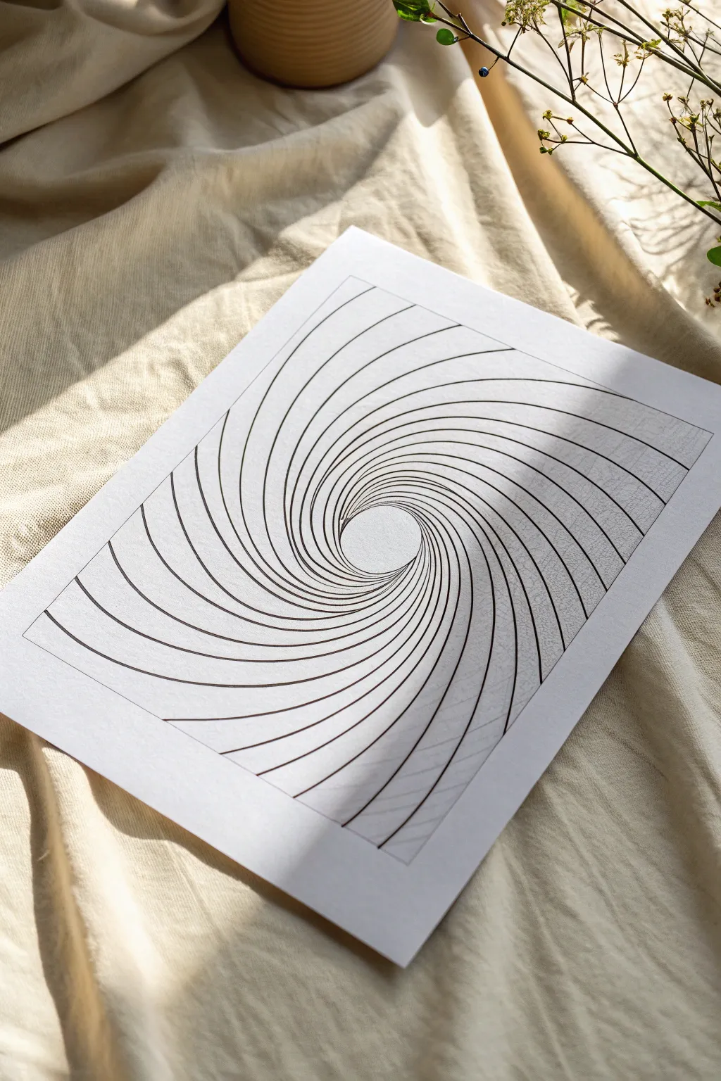 Minimal 3D tunnel line drawing with bold ink curves and clean Scandinavian contrast
