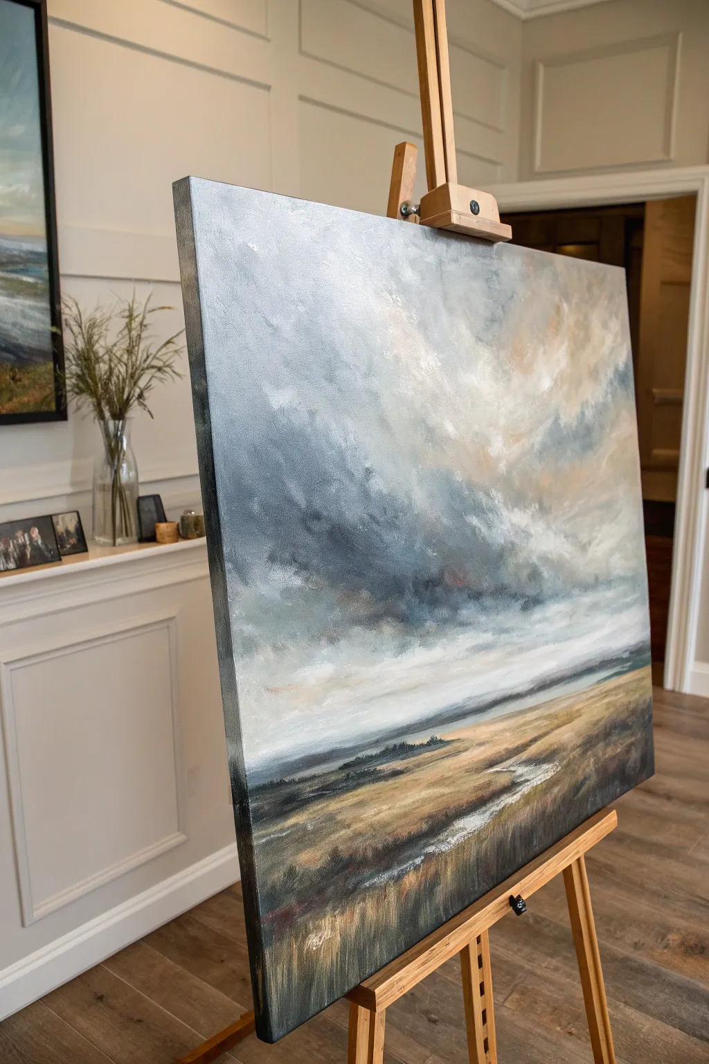 Moody abstract oil swells with hazy horizons and buttery strokes, minimalist boho contrast.