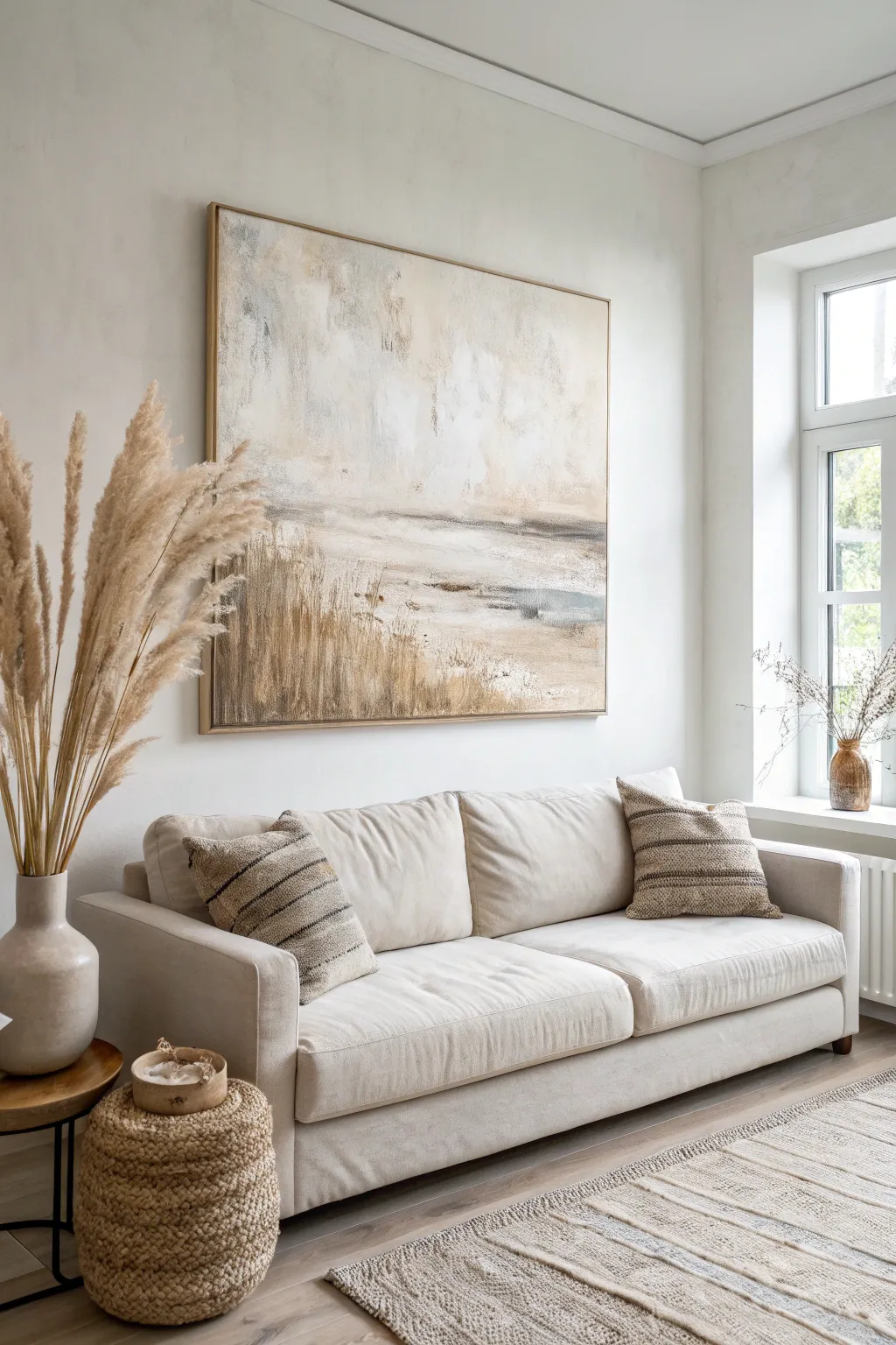 Soft neutral abstract art brings airy calm and Scandinavian warmth to your living room wall.