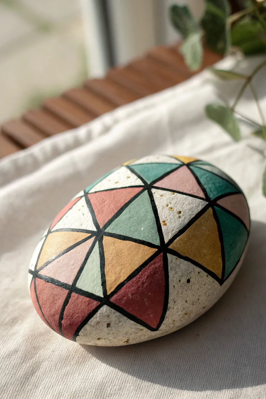 Geometric color-block rock art: crisp black outlines and bold flats for a modern boho touch.