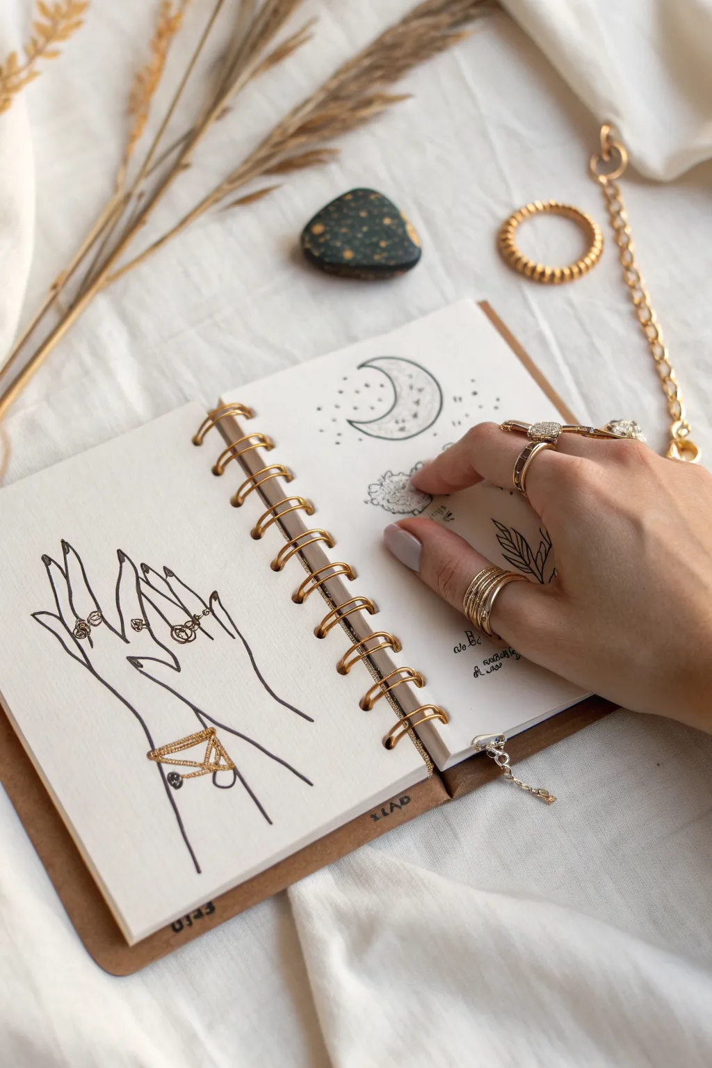 Minimal hand jewelry studies with rings and hand chains, plus a simple finger wrap-around form inset