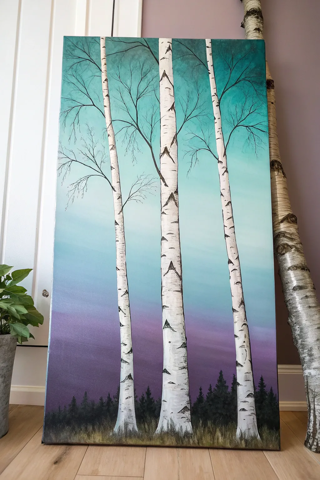 Minimalist birch trees pop against a teal-to-lavender ombre sky in crisp acrylic texture