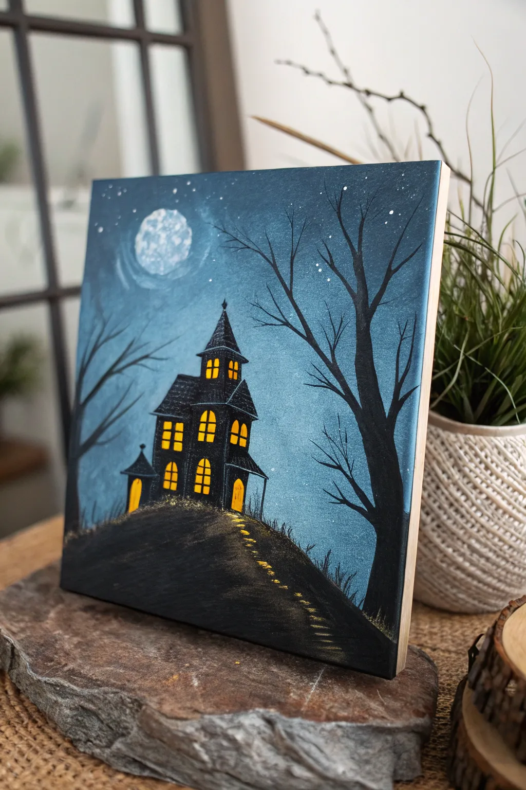 Minimalist acrylic haunted house with glowing yellow windows, perfect for cozy Halloween vibes