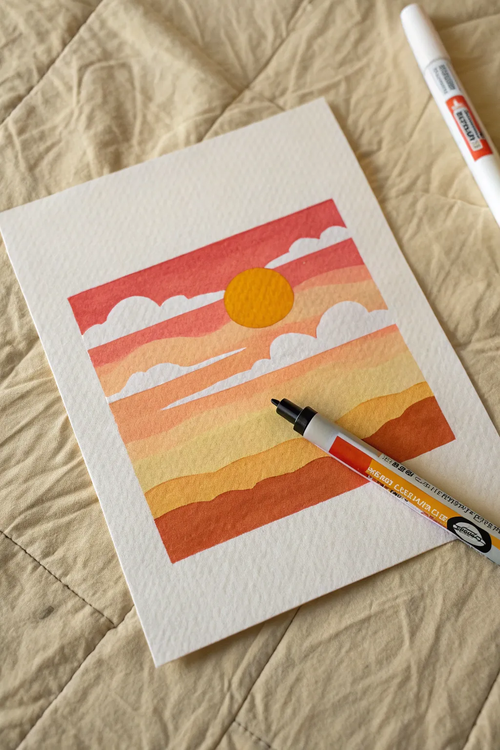 Minimal acrylic-marker sunset in bold color blocks with ultra-smooth, even fills.