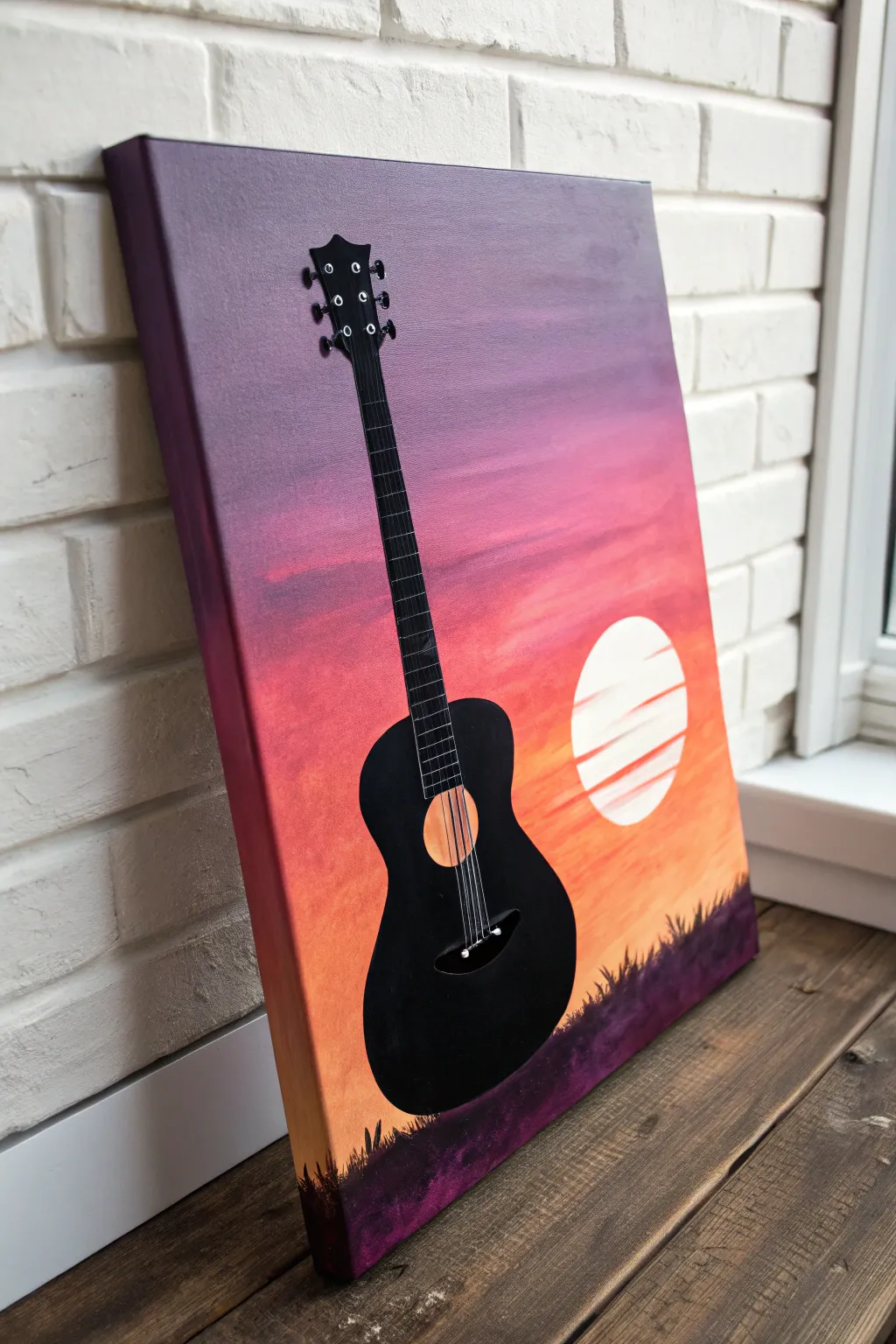Minimal guitar silhouette over a coral to purple sunset blend, simple, bold, and soothing