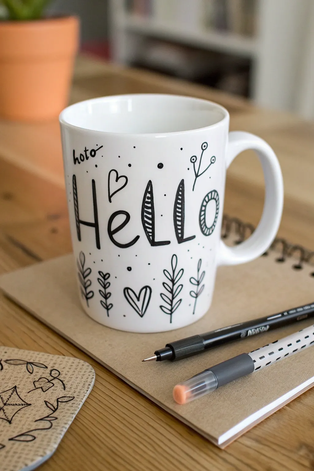 Minimal mug lettering inspiration with acrylic paint pens and tiny doodle accents.