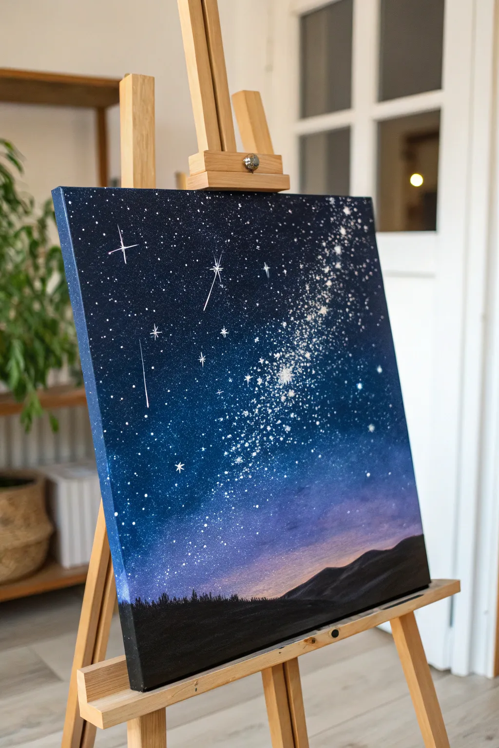 Starry night acrylic gradient with splatter stars and a soft glowing cluster, clean minimalist mood