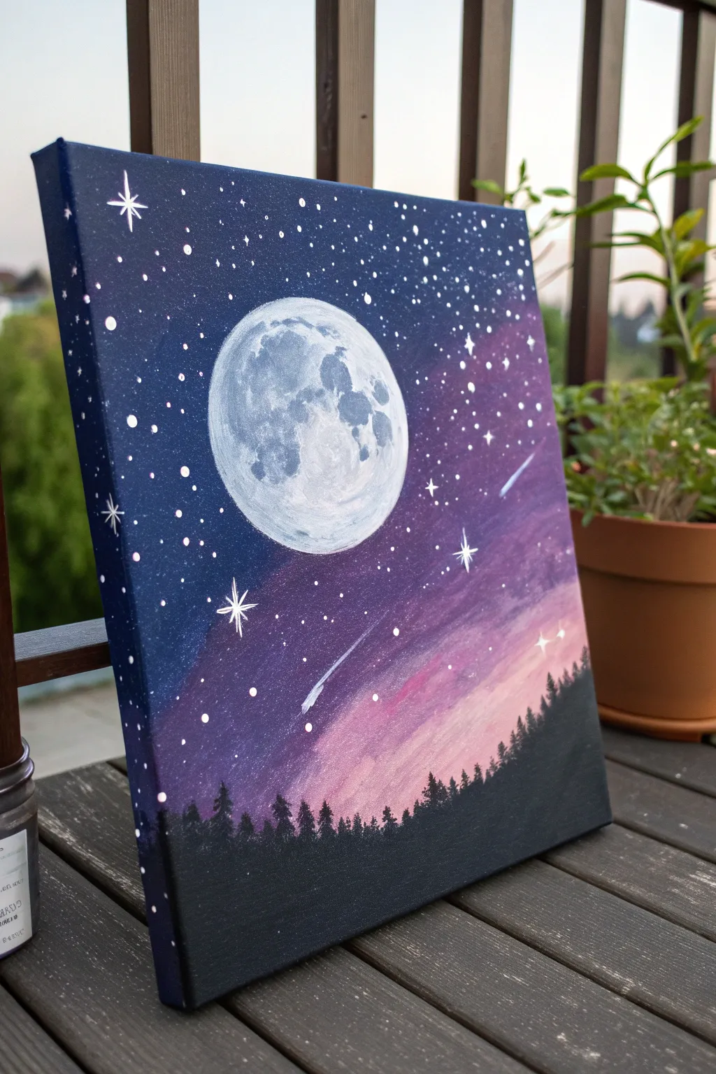 Acrylic galaxy night sky with splatter stars and one glowing moon, minimalist boho vibe