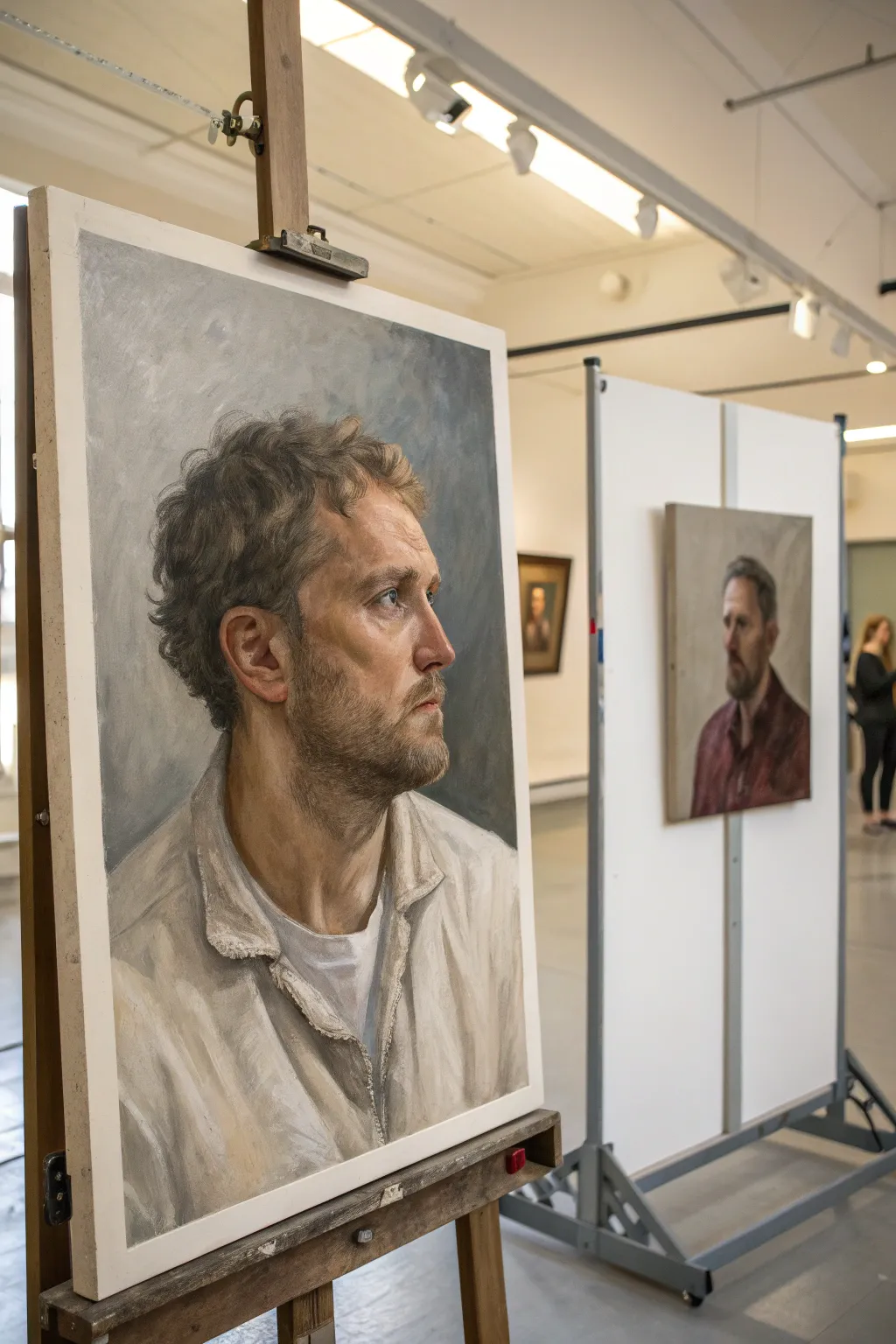 Grayscale underpainting anchors the portrait, then warm and cool acrylic glazes bring it to life.