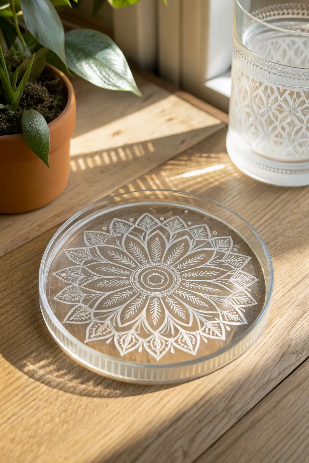 Frost-etched acrylic coaster on warm wood, a clean minimalist DIY engraving project idea