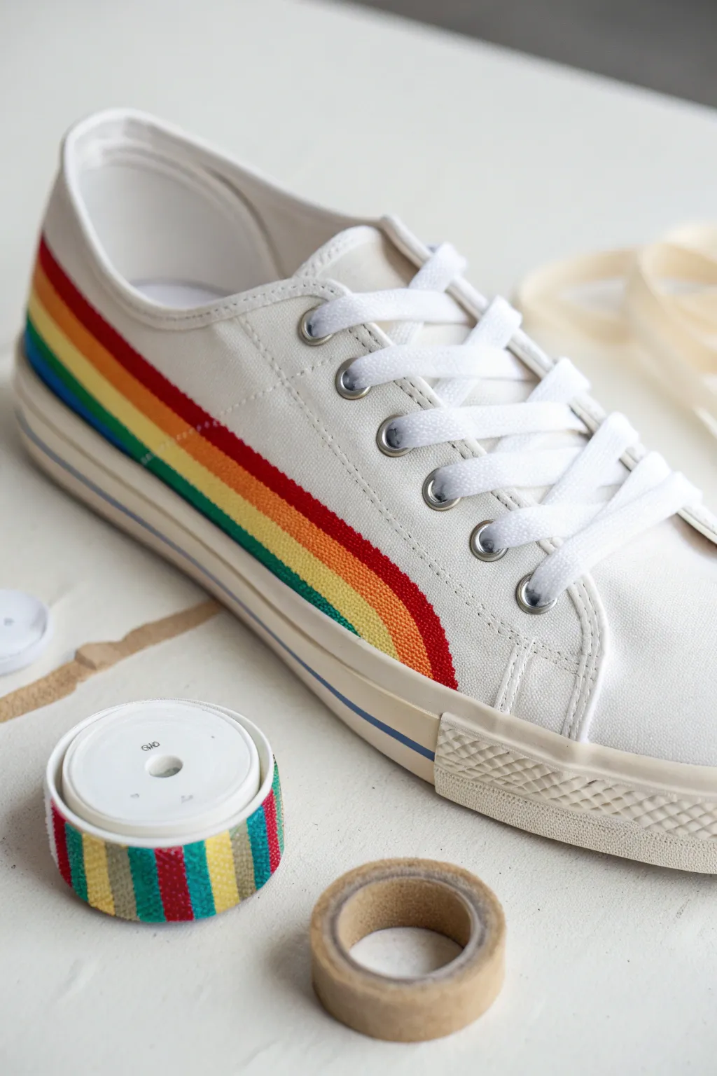Classic rainbow stripes on a crisp white sneaker, clean lines made with masking tape.