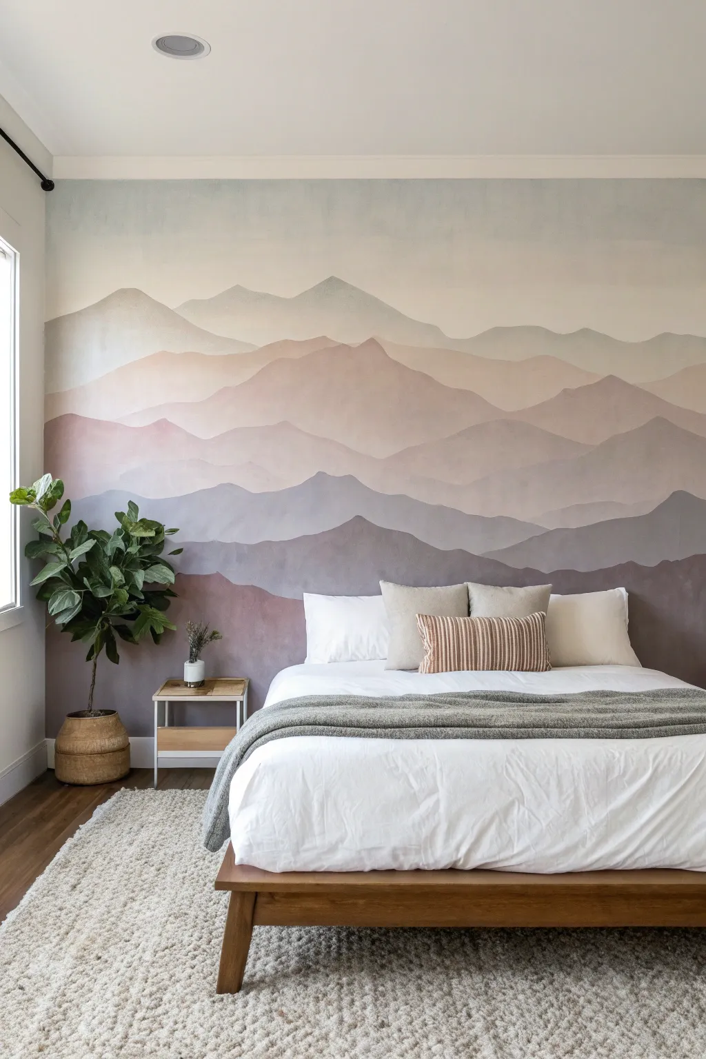 Minimalist mountain horizon mural in layered acrylic, misty tones for a serene bedroom