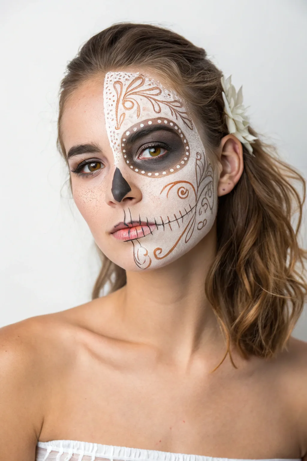 Half-face sugar skull: natural glow on one side, lace-like skull detail on the other
