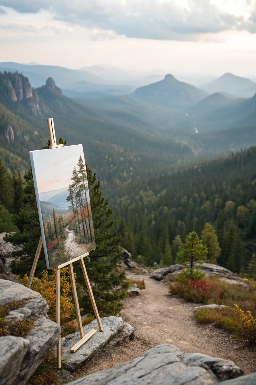 Create misty depth with atmospheric perspective in an advanced acrylic valley landscape study.